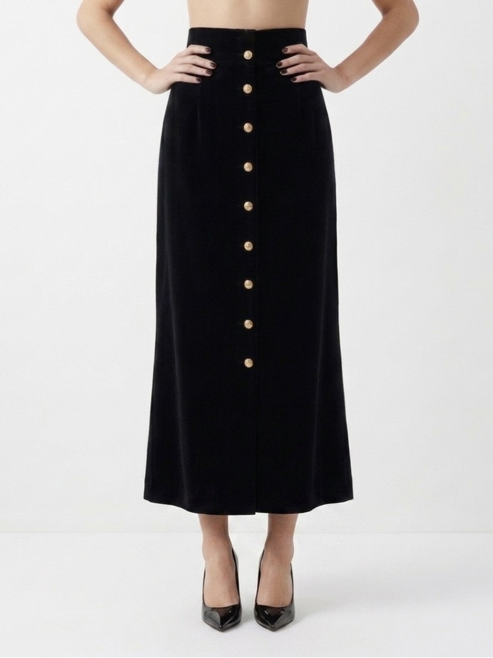 Black Velvet Maxi Skirt Gold Button High Waist 2 L Long Dark Academia Gothic Ste